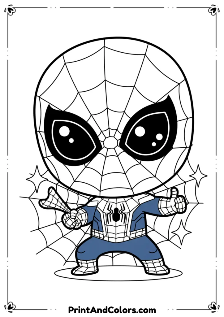 Kawaii-style Spider-Man resembling Tom Holland’s suit, chibi big-eyed version, playful outline design.