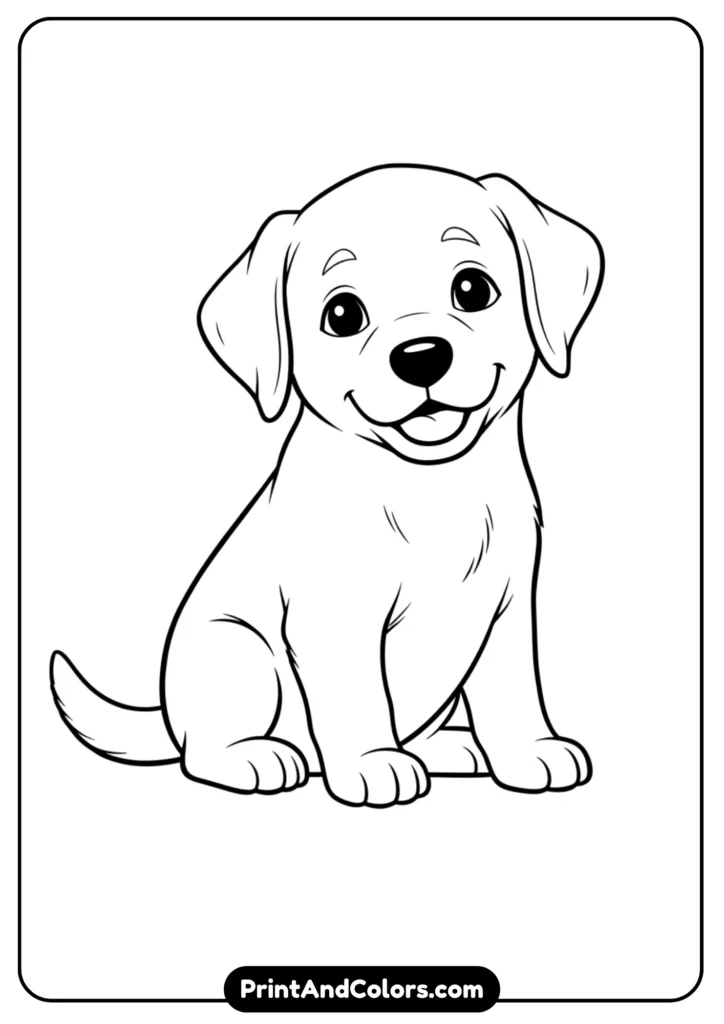 Outline drawing of a Labrador puppy sitting with floppy ears and friendly eyes. Clean black and white lines for coloring.
