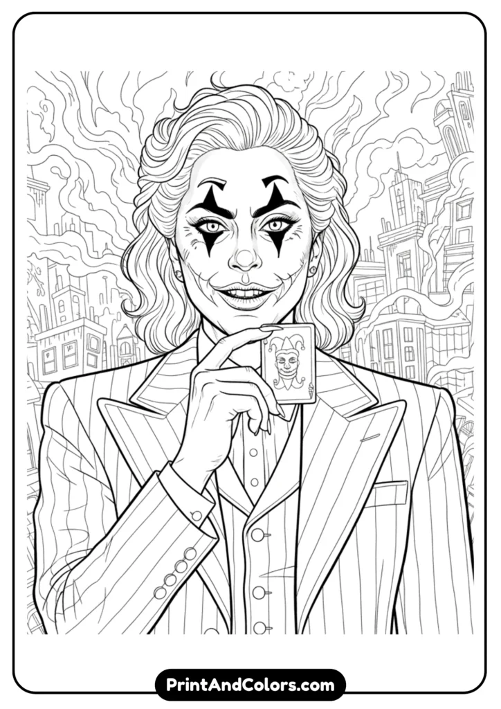 Black and white line art of Lady Gaga styled as Joker, detailed face makeup and suit