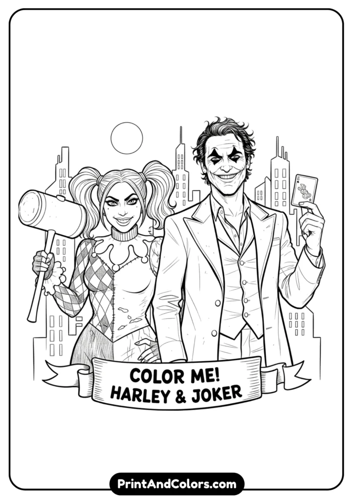 Black and white line art of Lady Gaga and Joaquin Phoenix as Joker characters together