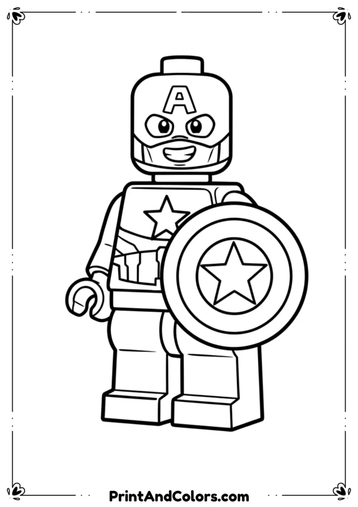 Cartoon-style line art of Lego Captain America figure, holding a mini shield, smiling expression, outlined for easy coloring.