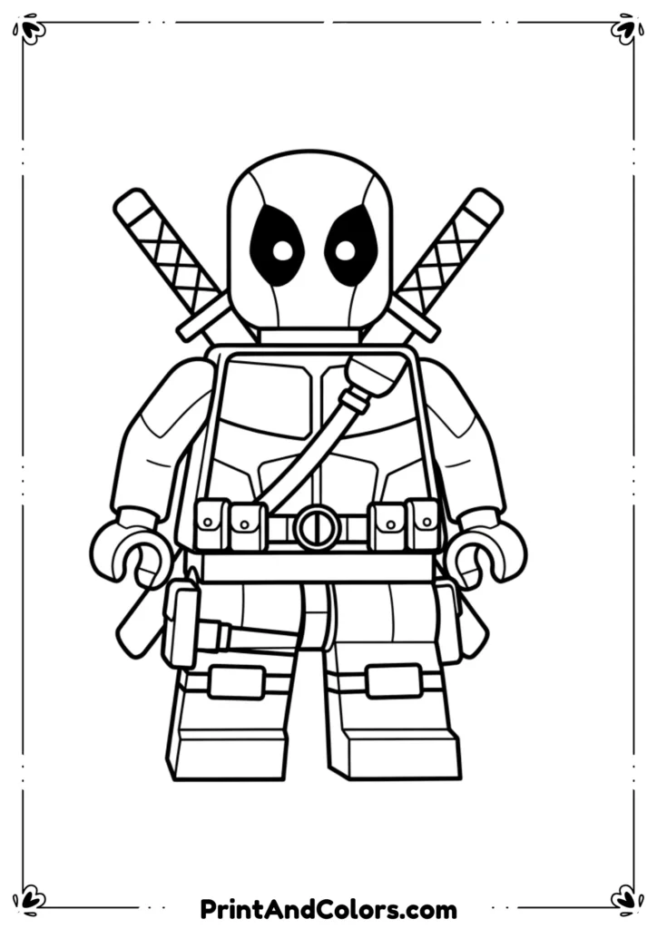 Black-and-white line art of Lego-style Deadpool character, blocky shape, cartoonish yet detailed outline, perfect for kids to color.