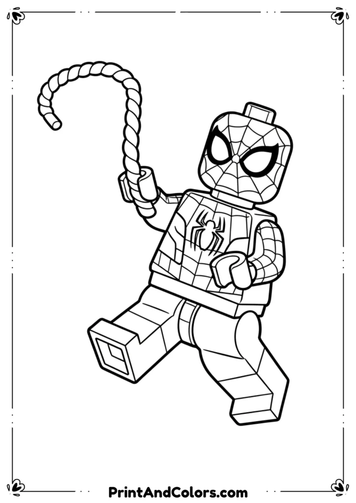 Lego Spider-Man in blocky design, holding a web rope, simple and bold outlines for coloring fun.