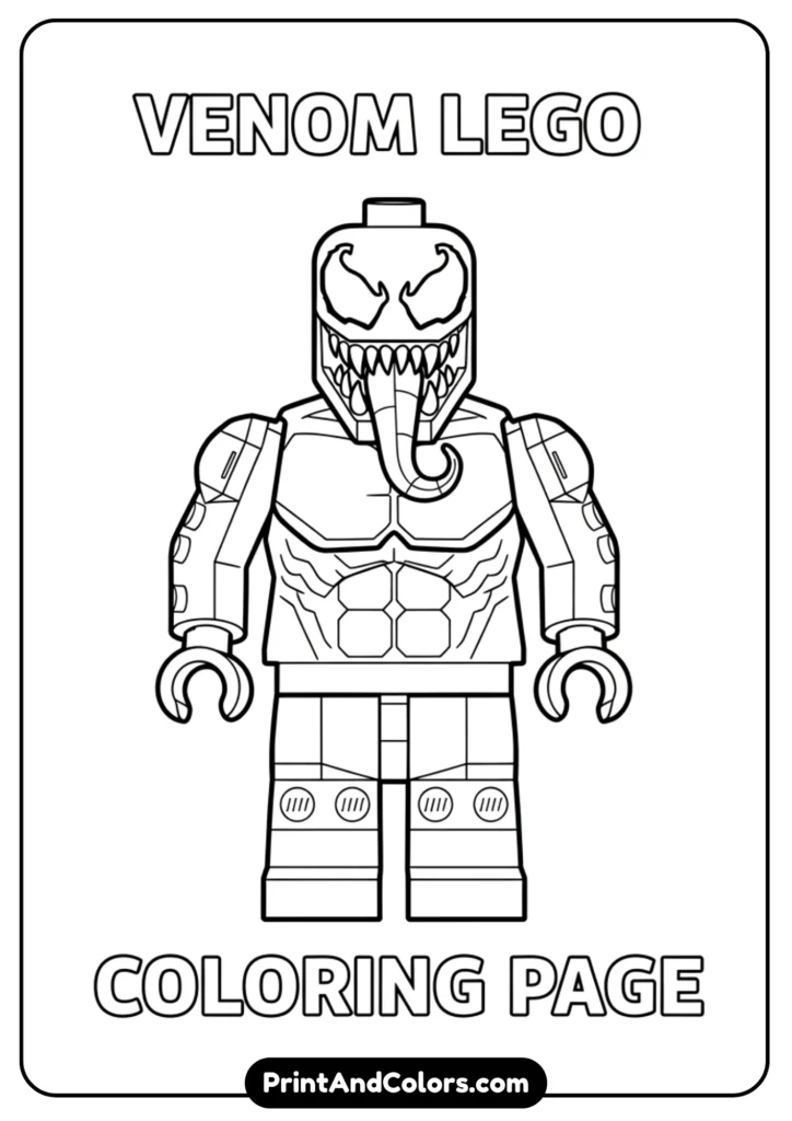 Cartoon Lego-style Venom minifigure with detailed brick-like body design, sharp teeth and tongue. Simple outlines for coloring
