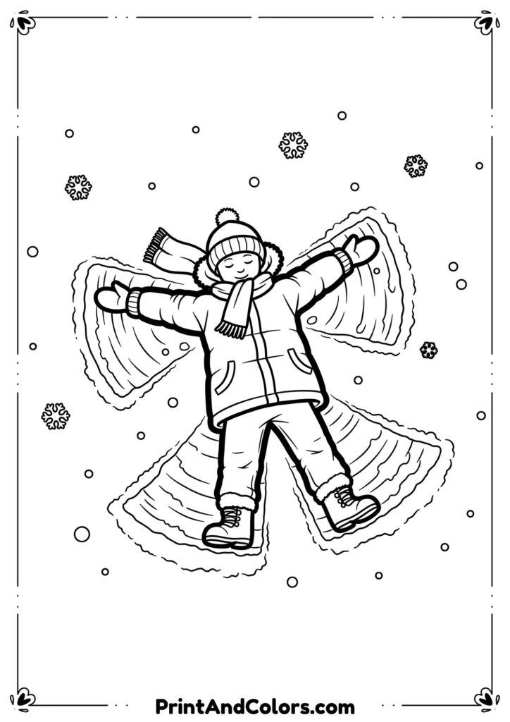 Outline drawing of a child wearing a winter coat and mittens making a snow angel in fluffy Christmas snow.