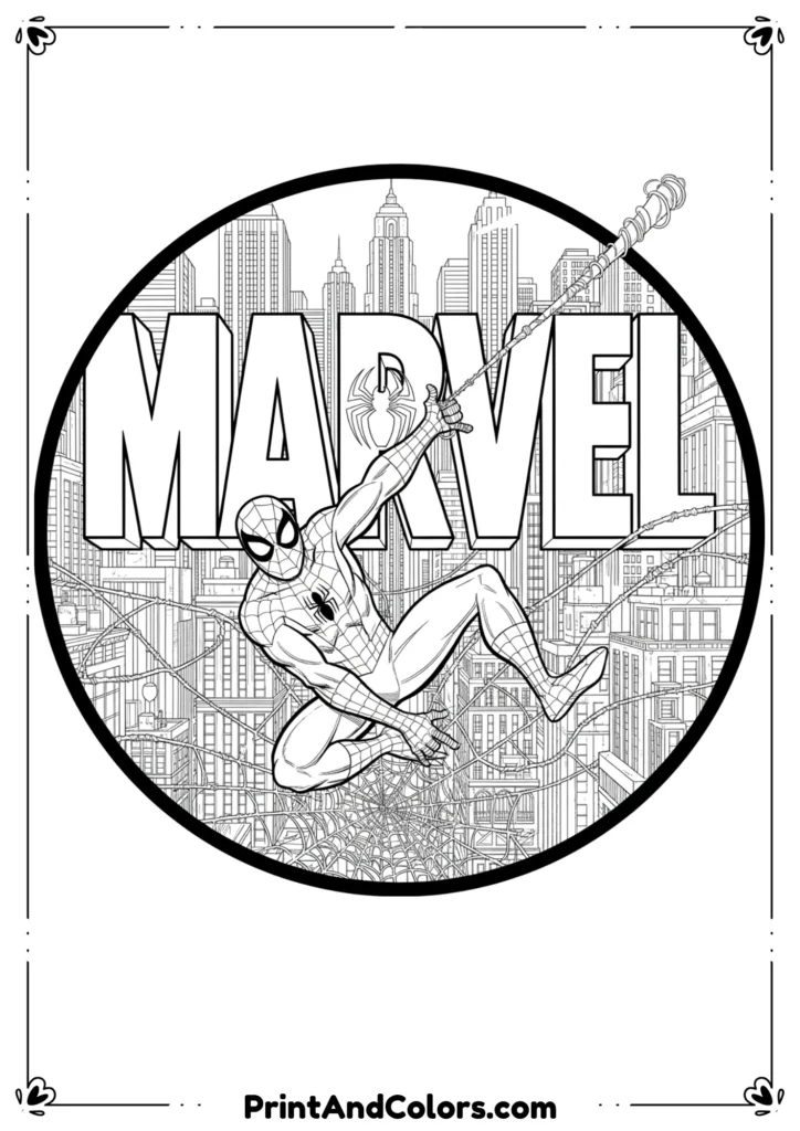 Classic Spider-Man pose swinging through the Marvel logo background, clean outlines with web details.