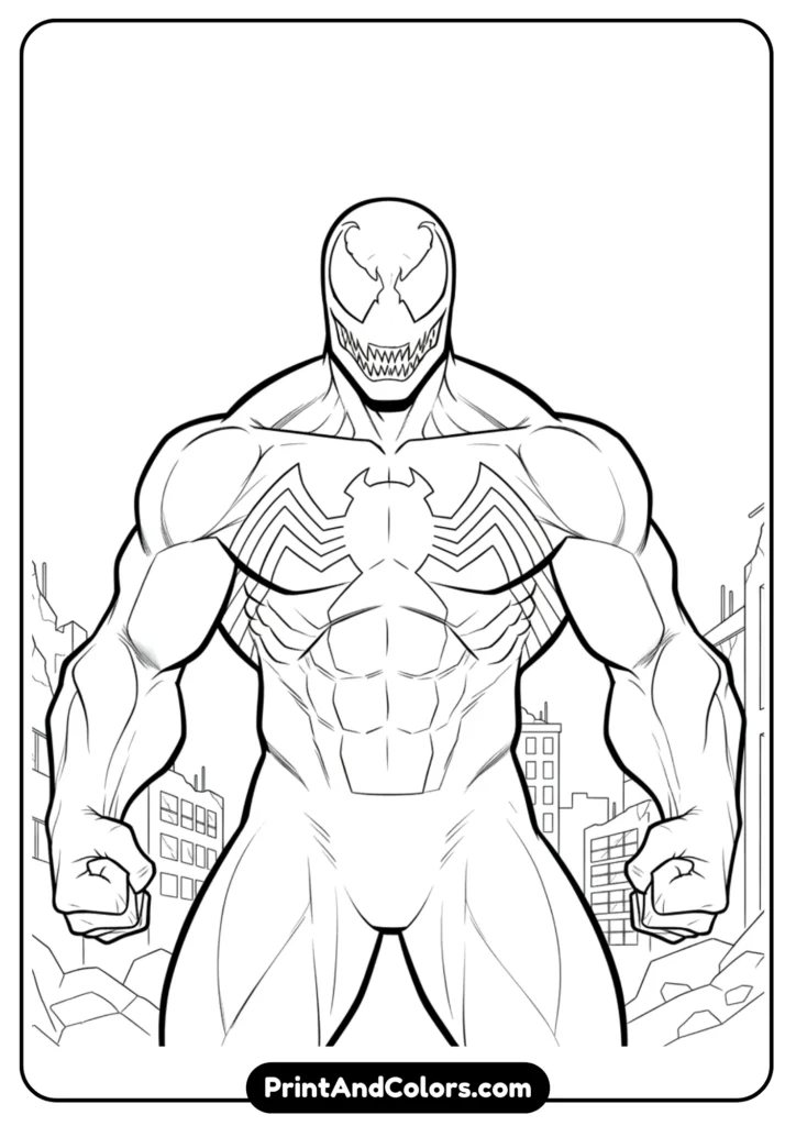 Venom in official Marvel comic style, bold superhero stance with clenched fists, large spider emblem on chest. Clean black outlines