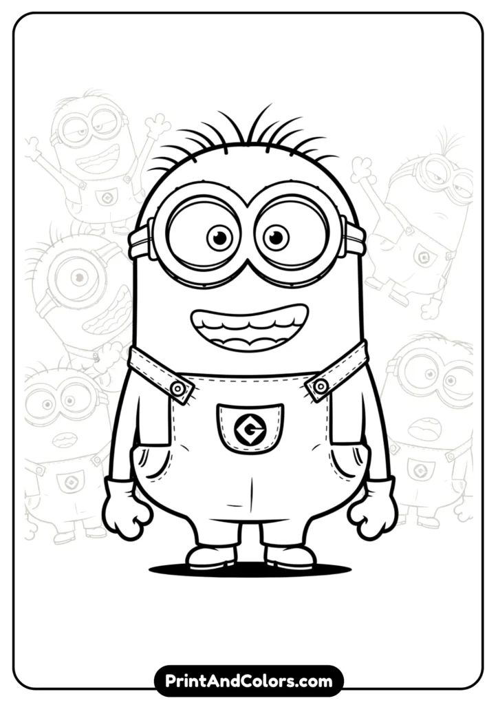 Cartoon-style oversized Minion (Mega Minion) with bold outlines, black-and-white art for coloring
