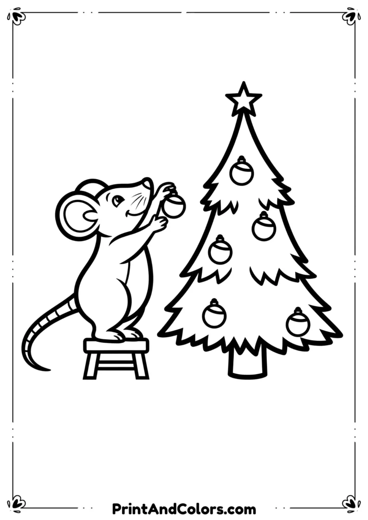 Black and white outline of Mickey Mouse decorating a Christmas tree with ornaments.