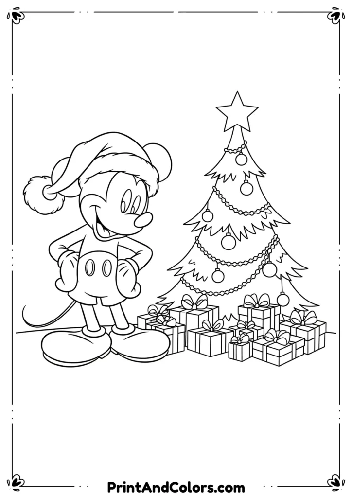 Line art of Mickey Mouse wearing a Santa hat, standing beside a decorated Christmas tree with gifts.