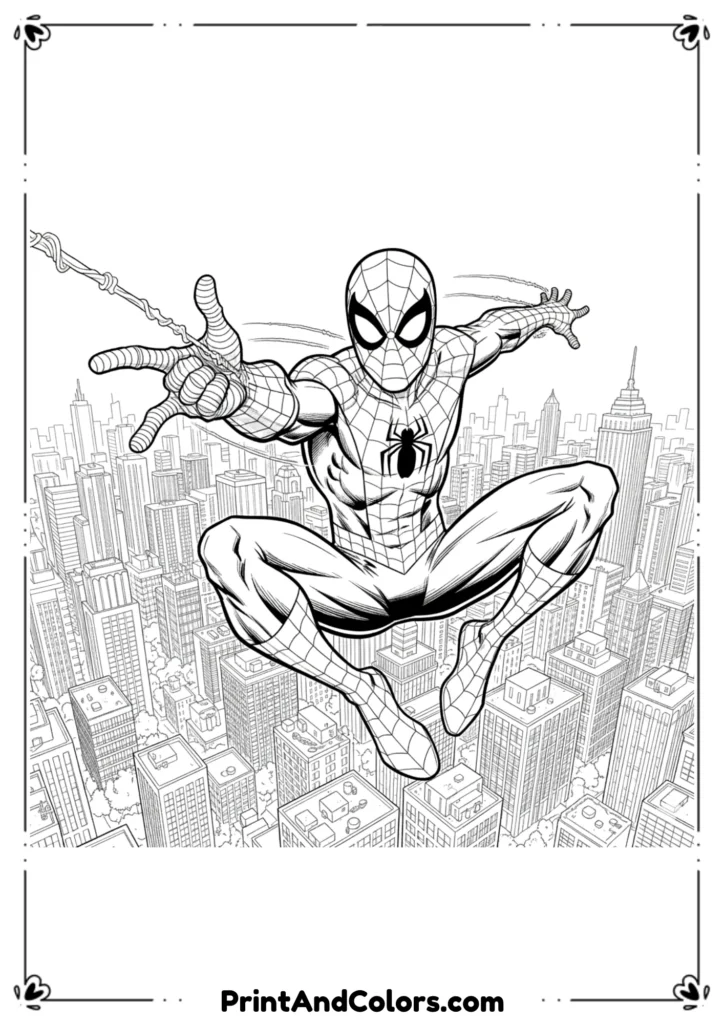 Spider-Man in mid-air, one hand stretched forward aiming webs, strong comic outlines.