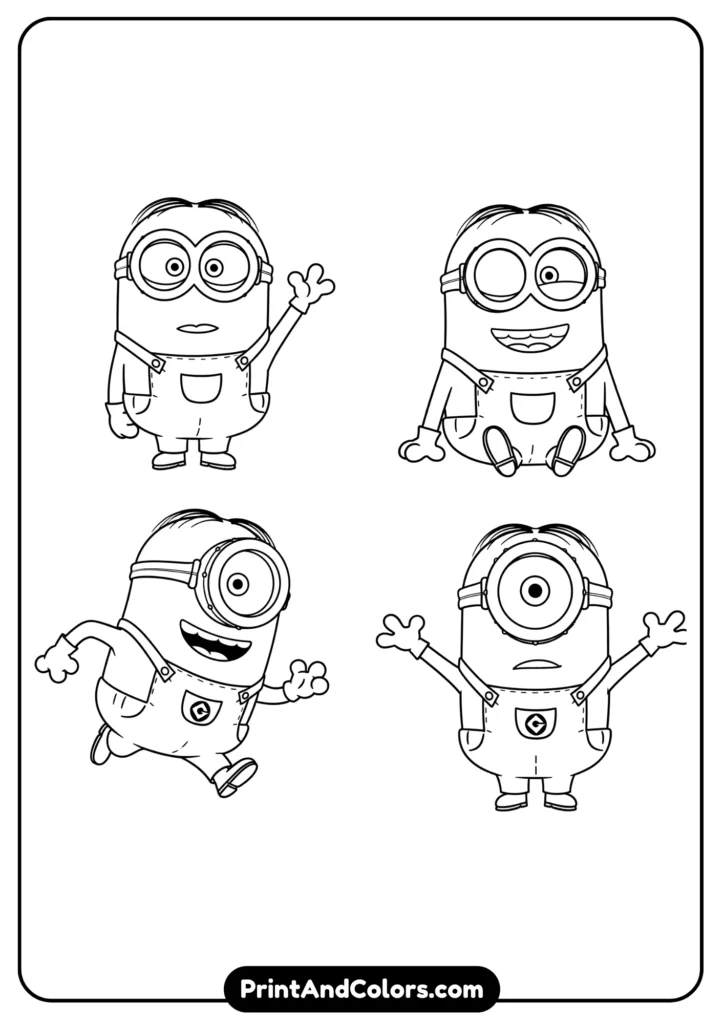 Multiple simple outlines of Minion Kevin in different poses, cartoon black-and-white line art