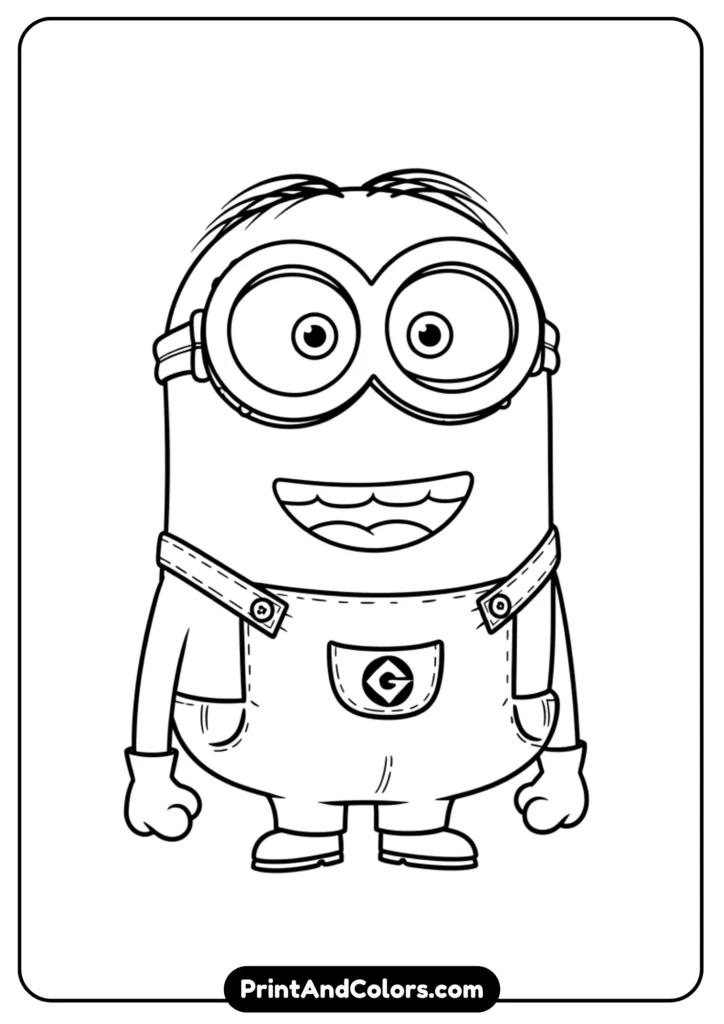 Simple outline of Minion Kevin standing with a smile, black-and-white cartoon drawing for kids to color