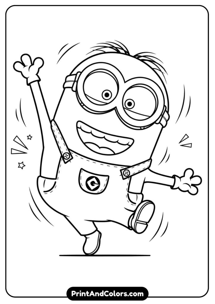 Cartoon line art of Minion Kevin dancing joyfully, simple black-and-white outlines for coloring
