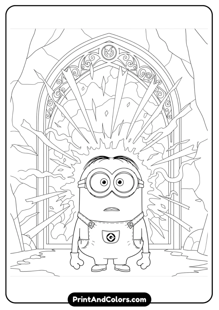Minion standing in front of a glowing magical portal, outlined in black-and-white line art