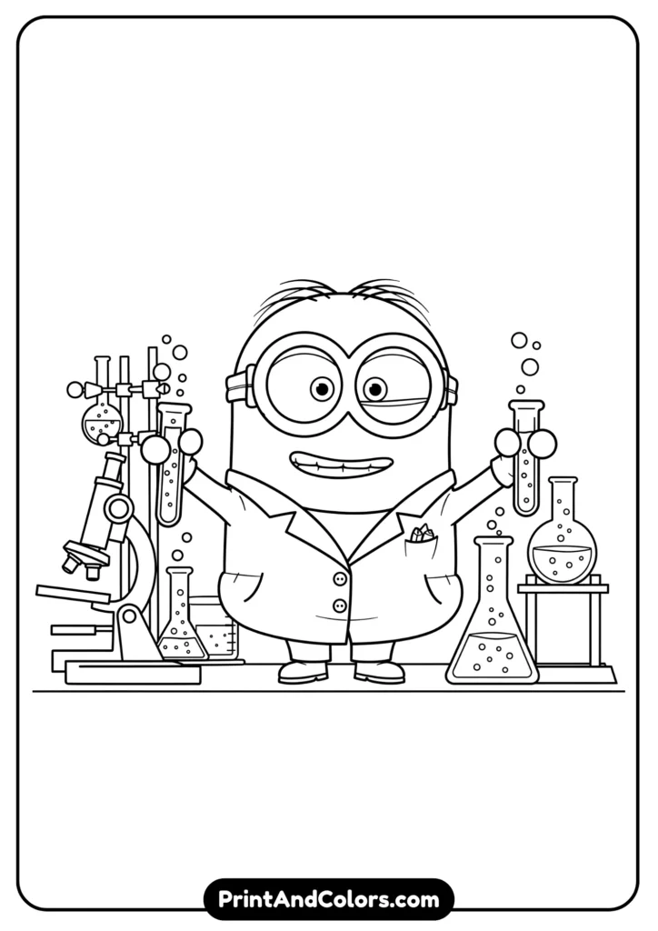 Minion dressed in a lab coat with test tubes and beakers, outlined in black-and-white cartoon style