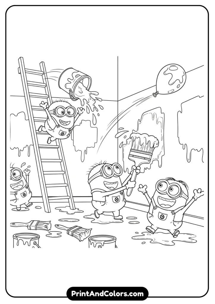 Minions splashing paint and painting walls, outlined in cartoon-style black-and-white art