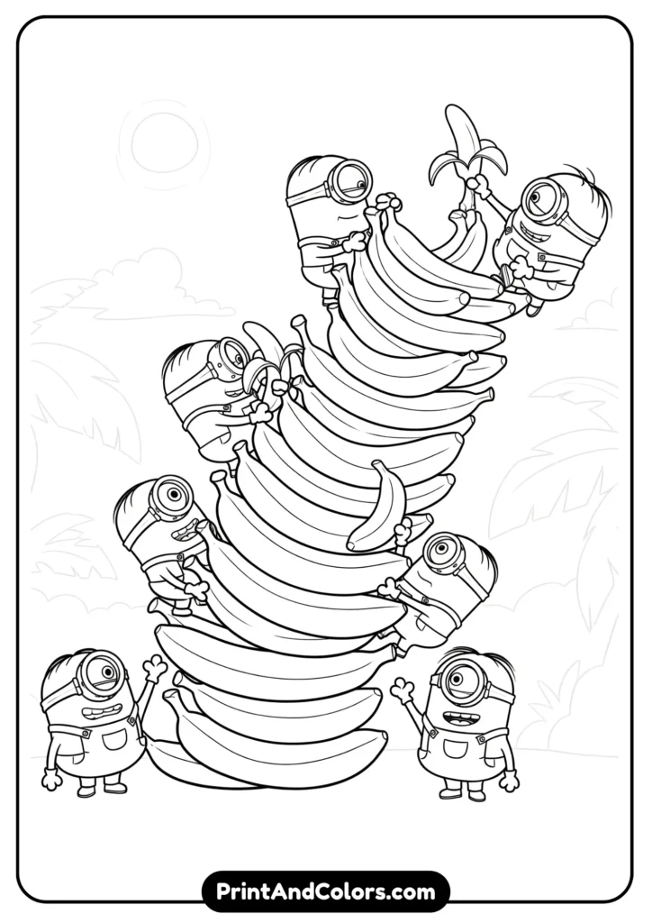 Several Minions stacking bananas like a tower, playful cartoon black-and-white line art