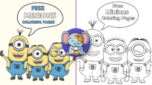 Free printable Minions coloring page featuring Bob, Kevin, and Stuart in fun cartoon poses, outlined in black and white line art for kids to color.
