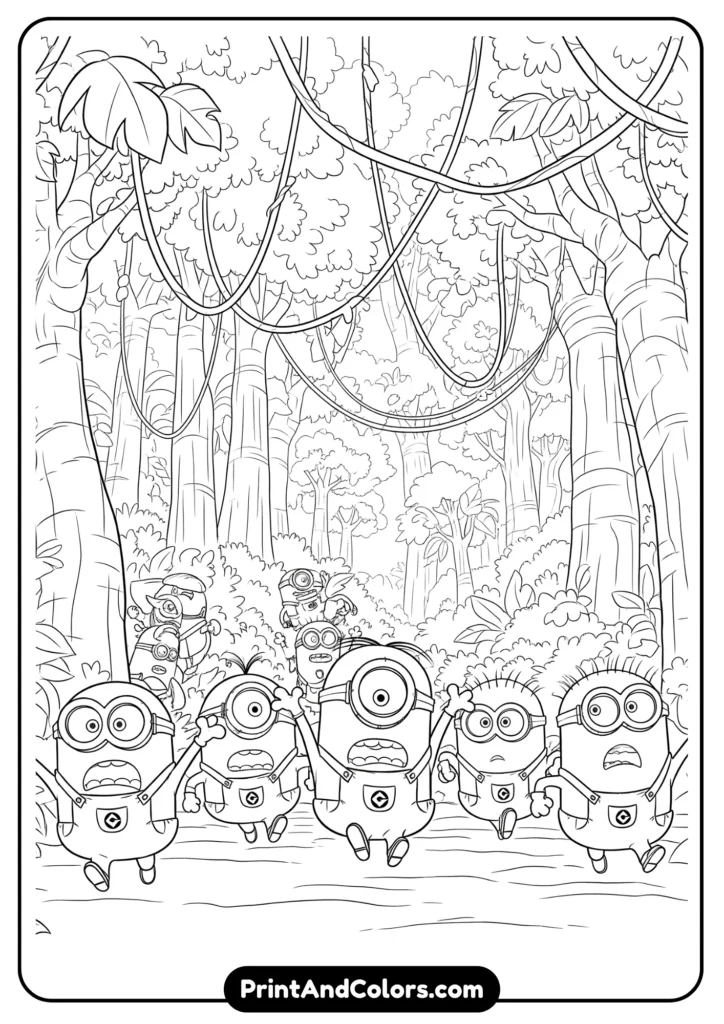 Minions running through the jungle with vines and trees, cartoon-style line art for coloring