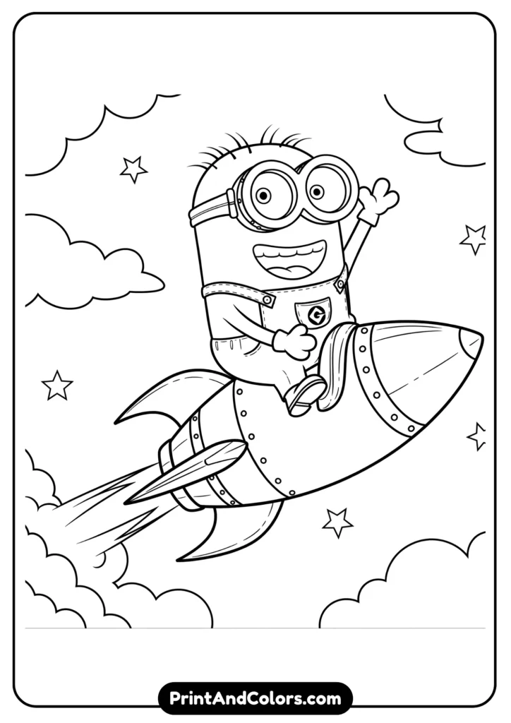 Cartoon Minion riding a rocket ship, joyful expression, outlined in black and white for coloring
