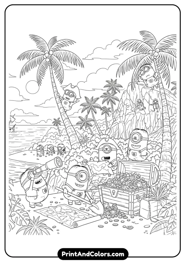 Minions exploring a lost island with palm trees and treasure chest, outlined in black and white