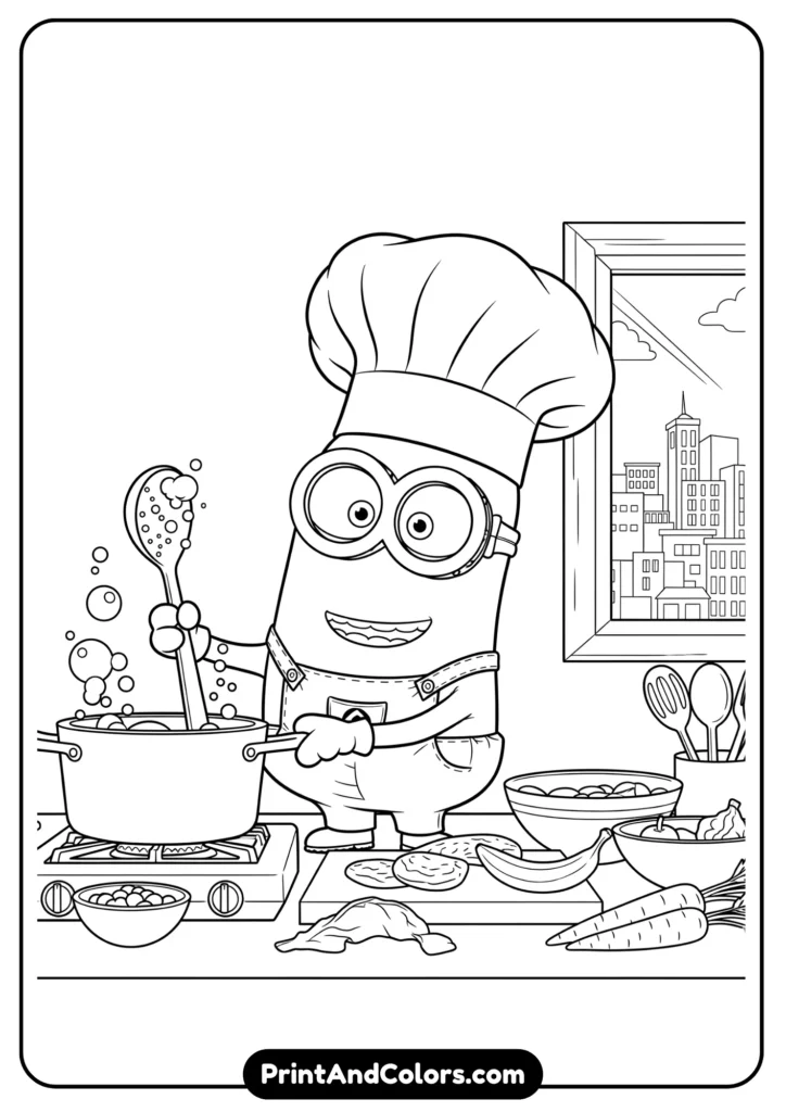 Minions wearing chef hats, cooking food in a kitchen, outlined for coloring in black and white