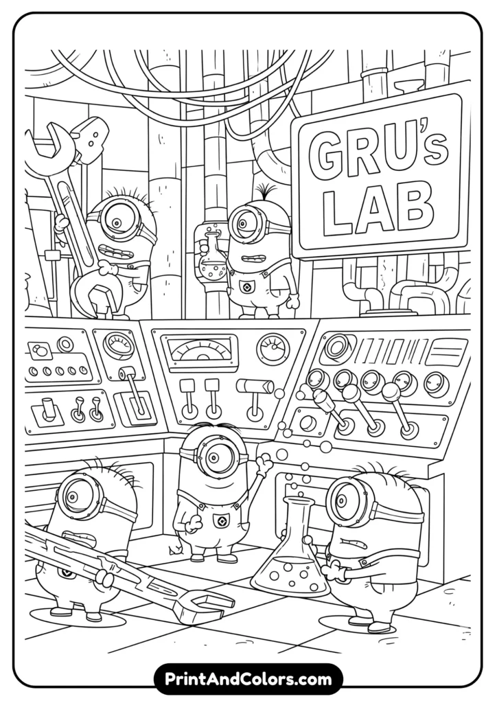 Several Minions working in Gru’s lab with tools and gadgets, detailed cartoon-style line art