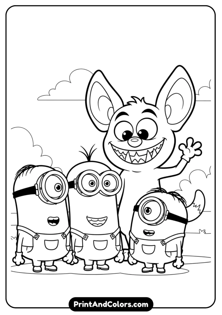 Cartoon-style Minions standing next to Labubu character, simple line art for kids to color, fun outlines.