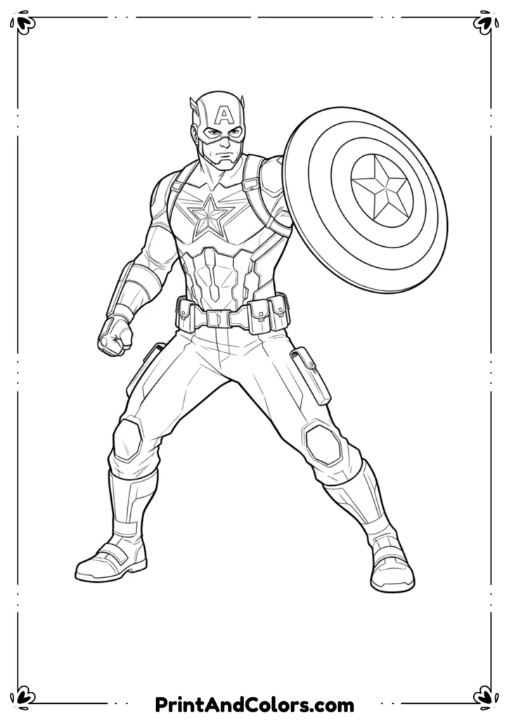 Line art of modern Captain America design with updated suit, shield forward, fresh outlines.