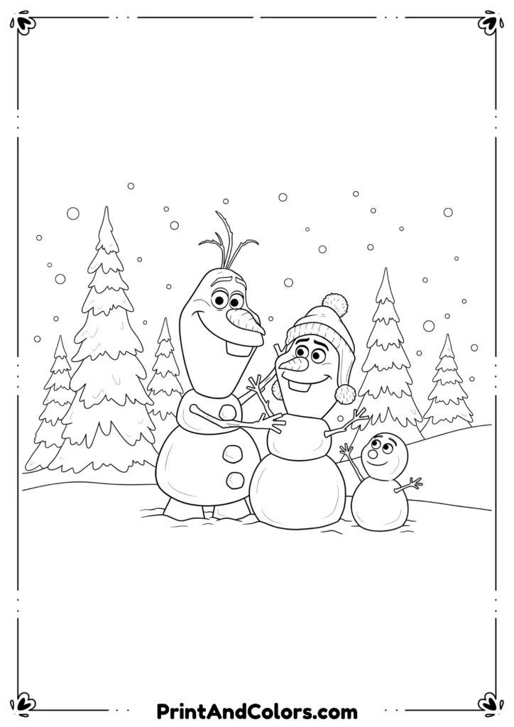 Line art of Olaf from Frozen building a snowman family with snowy trees behind.