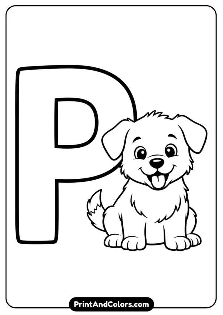 Black and white outline of a large letter 'P' with a happy puppy sitting beside it. Bold lines, simple for children to color.