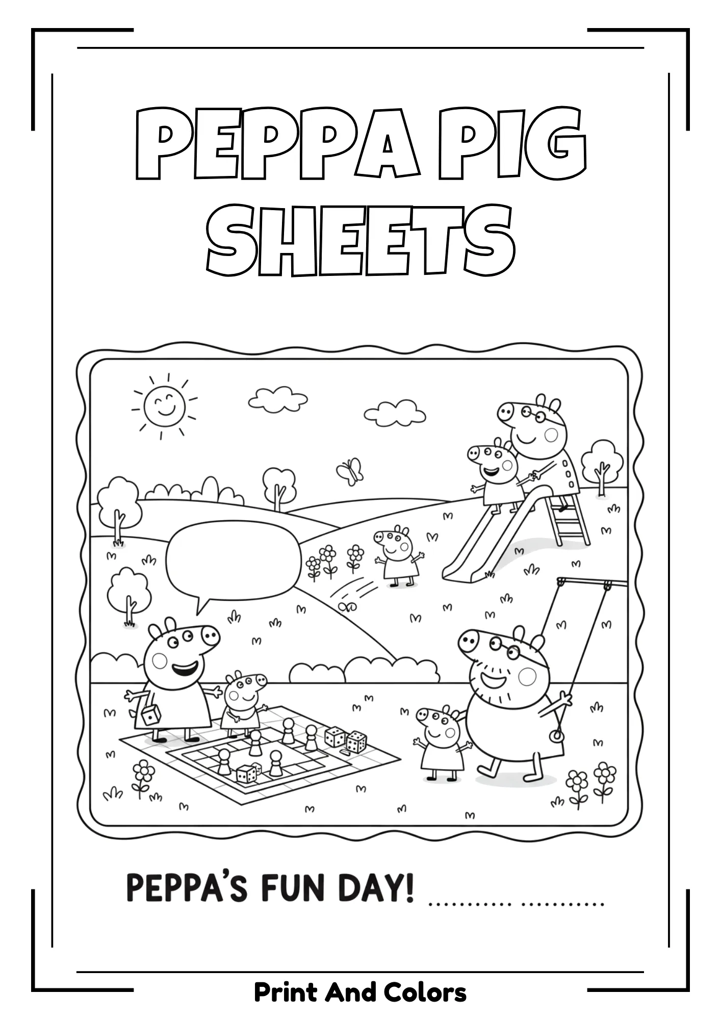 Peppa Pig coloring page in black and white line art with Peppa and family