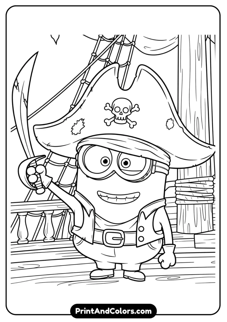 Minion dressed as a pirate with a hat and sword on a ship, outlined in cartoon style
