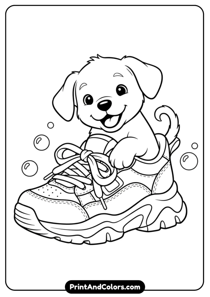 Outline of a puppy sitting inside a large sneaker, playful and cute. Black and white clean lines for coloring pages