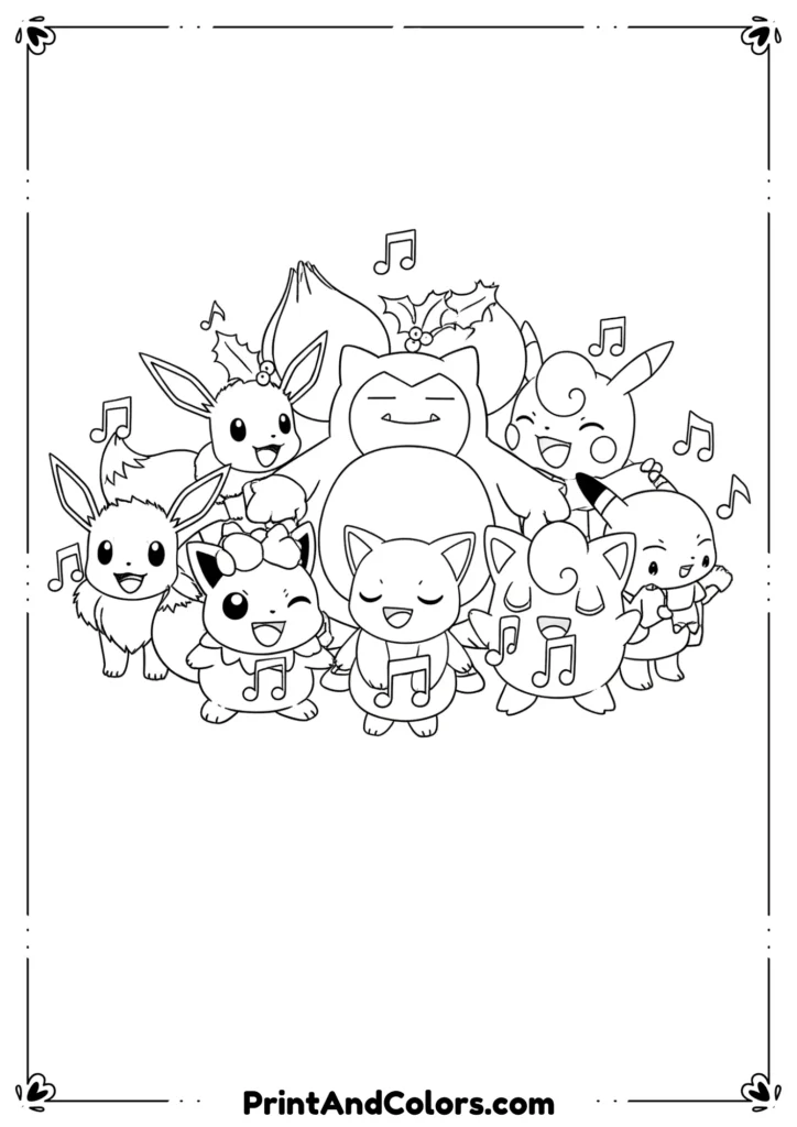 Outline of Pikachu wearing a Santa hat with Christmas presents and snowflakes around.
