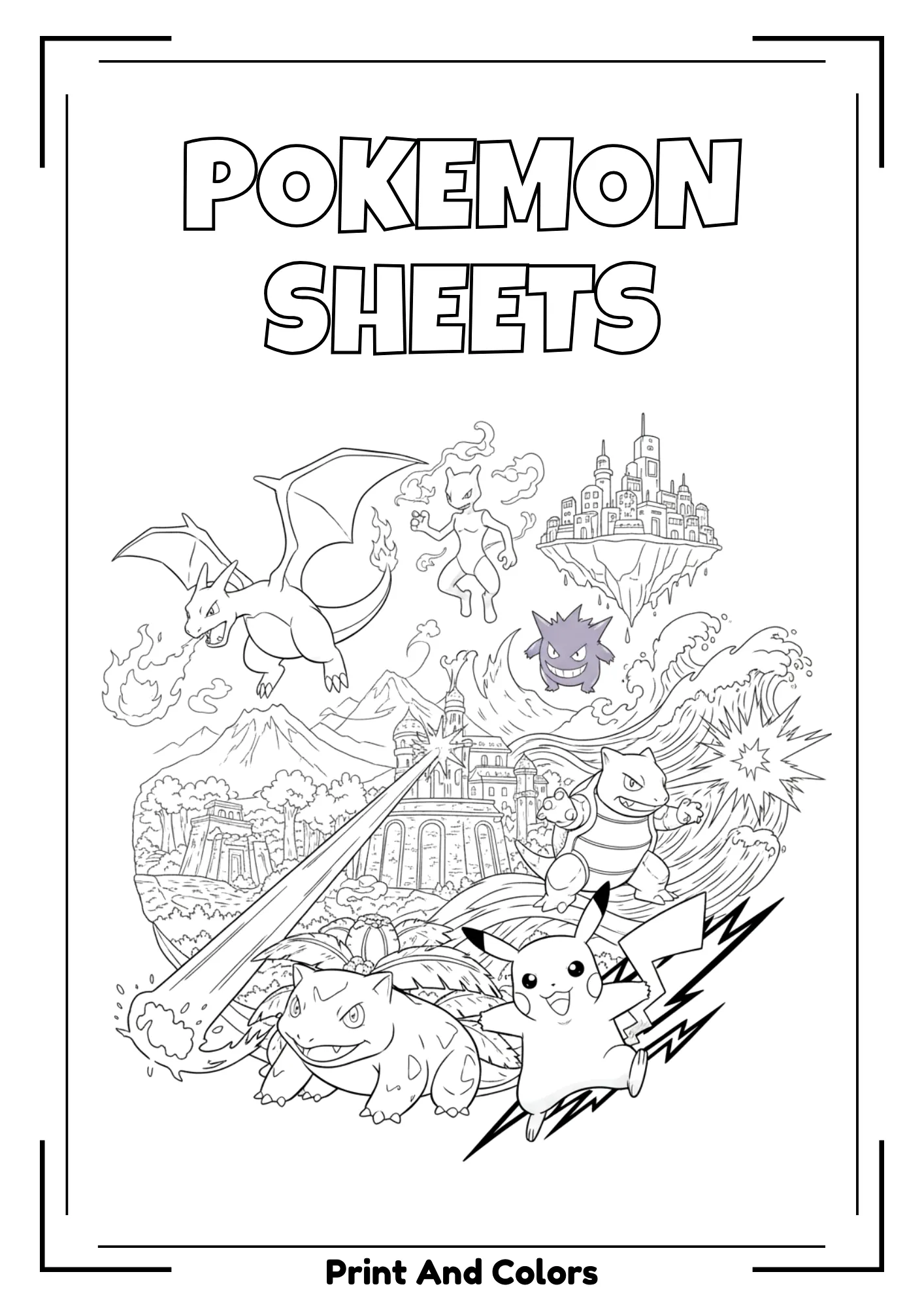 Pokémon coloring page in black and white line art featuring Pikachu and friends