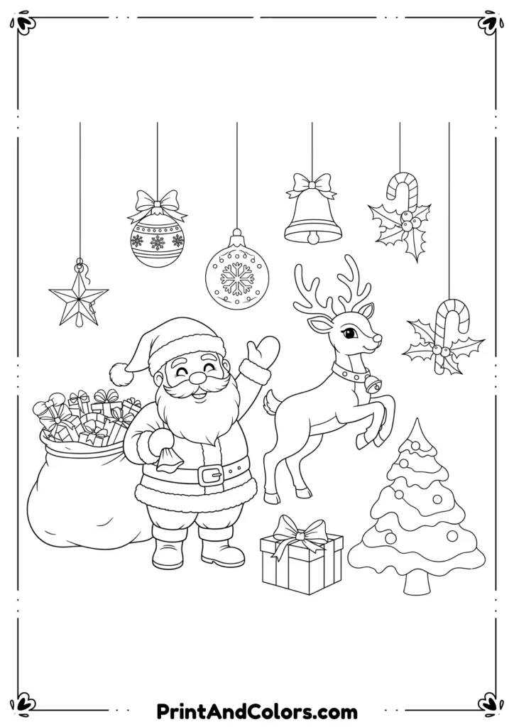 Line art of various Christmas elements—Santa, reindeer, ornaments—made for printable coloring pages.