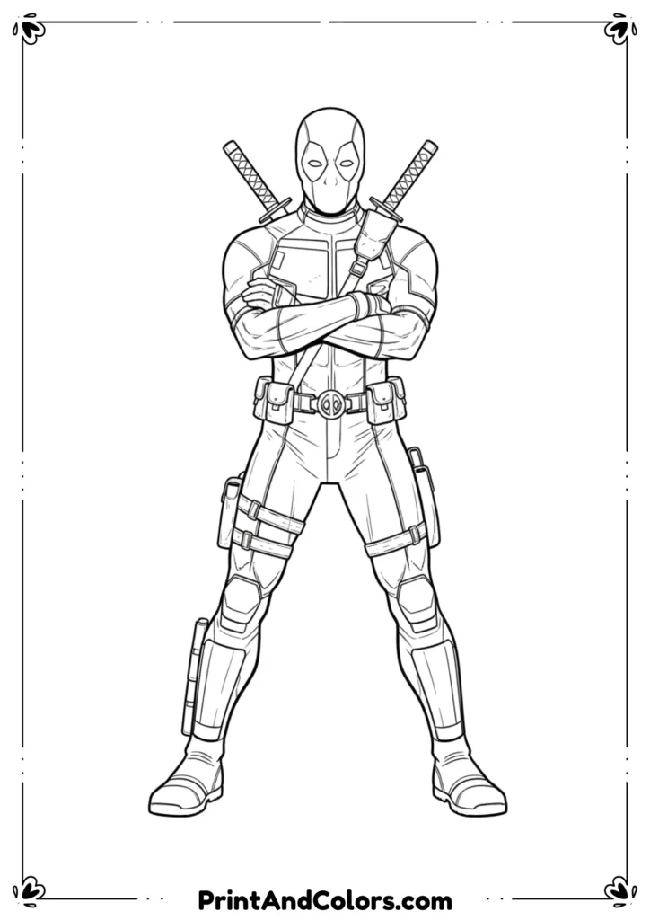 Deadpool in standing superhero pose with swords crossed on back, black-and-white line art, printable high-resolution outlines. Deadpool in standing superhero pose with swords crossed on back, black-and-white line art, printable high-resolution outlines.