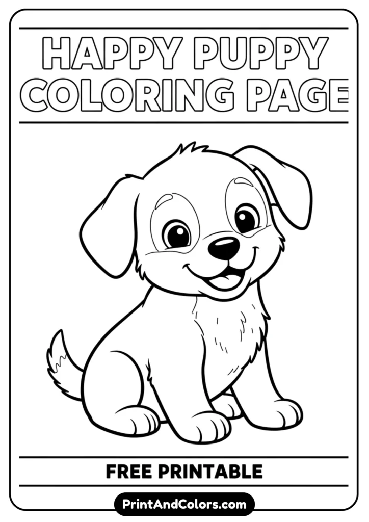 Simple black and white outline of a puppy sitting happily, designed for free printable coloring pages.