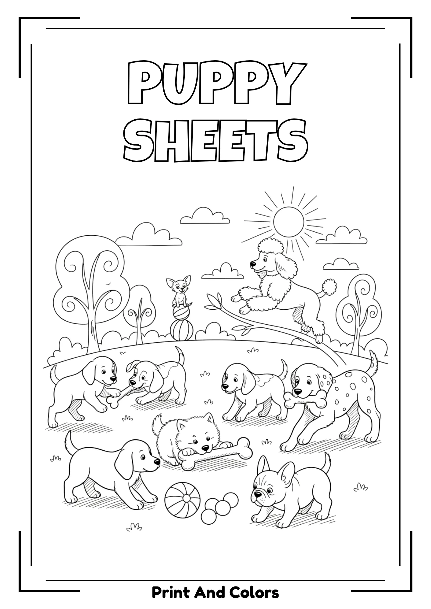 Puppy coloring page in black and white line art with cute dogs playing.