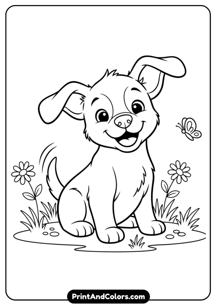 Black and white line art of a happy puppy sitting on the grass, outlined in bold, clean strokes for a coloring page. The puppy should look friendly, with floppy ears and a wagging tail. No shading, only clear outlines suitable for children’s coloring.