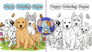 Printable puppy coloring pages in black and white line art featuring a group of cute puppies including a golden retriever, dalmatian, chihuahua, and husky in an outdoor scene with flowers and butterflies.
