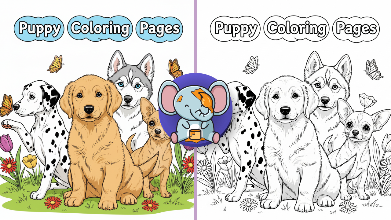 Printable puppy coloring pages in black and white line art featuring a group of cute puppies including a golden retriever, dalmatian, chihuahua, and husky in an outdoor scene with flowers and butterflies.