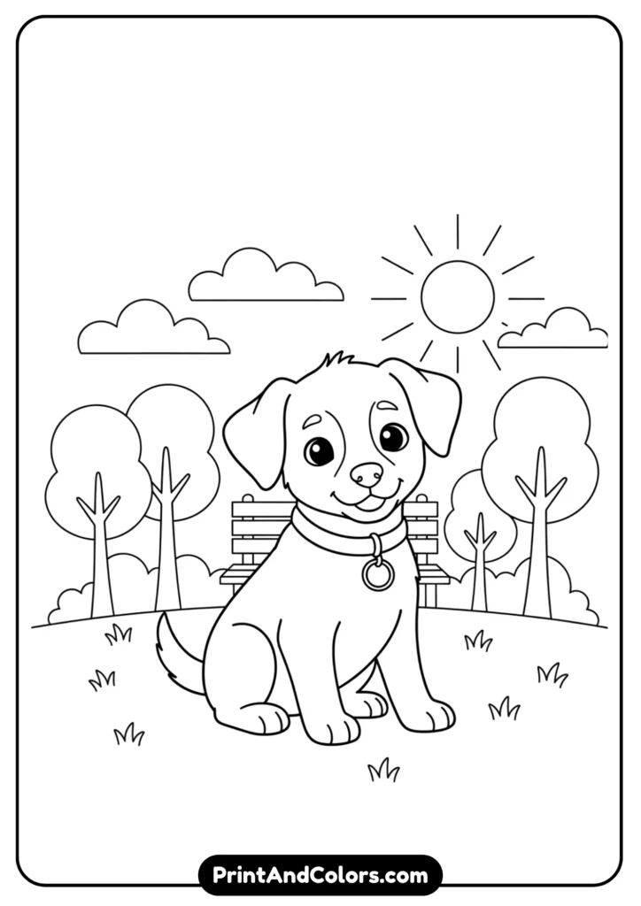 Black and white outline of a puppy sitting in a park with simple trees and grass in the background. Clear outlines, playful setting for a coloring page.