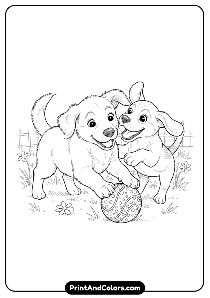 Line art of two happy puppies playing with a toy ball. Black and white outline designed for coloring