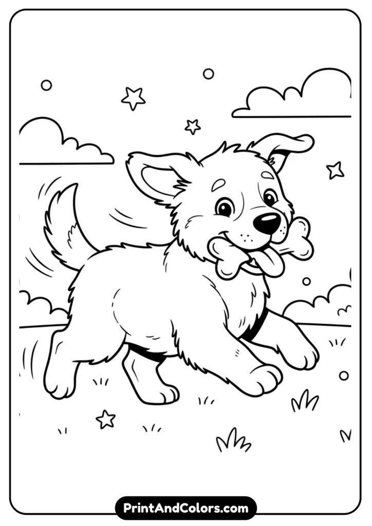 Black and white line art of a playful puppy running with a toy in its mouth. Fun outlines for coloring