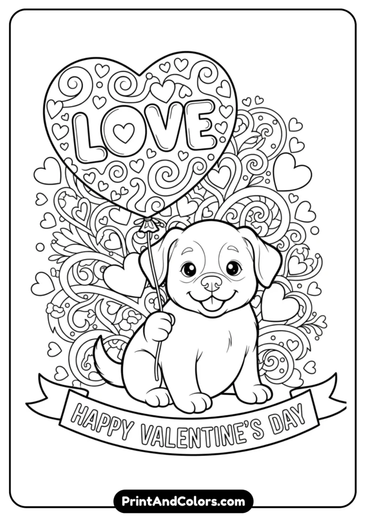 Black and white line art of a puppy holding a heart-shaped balloon. Outlines designed for Valentine’s Day coloring.