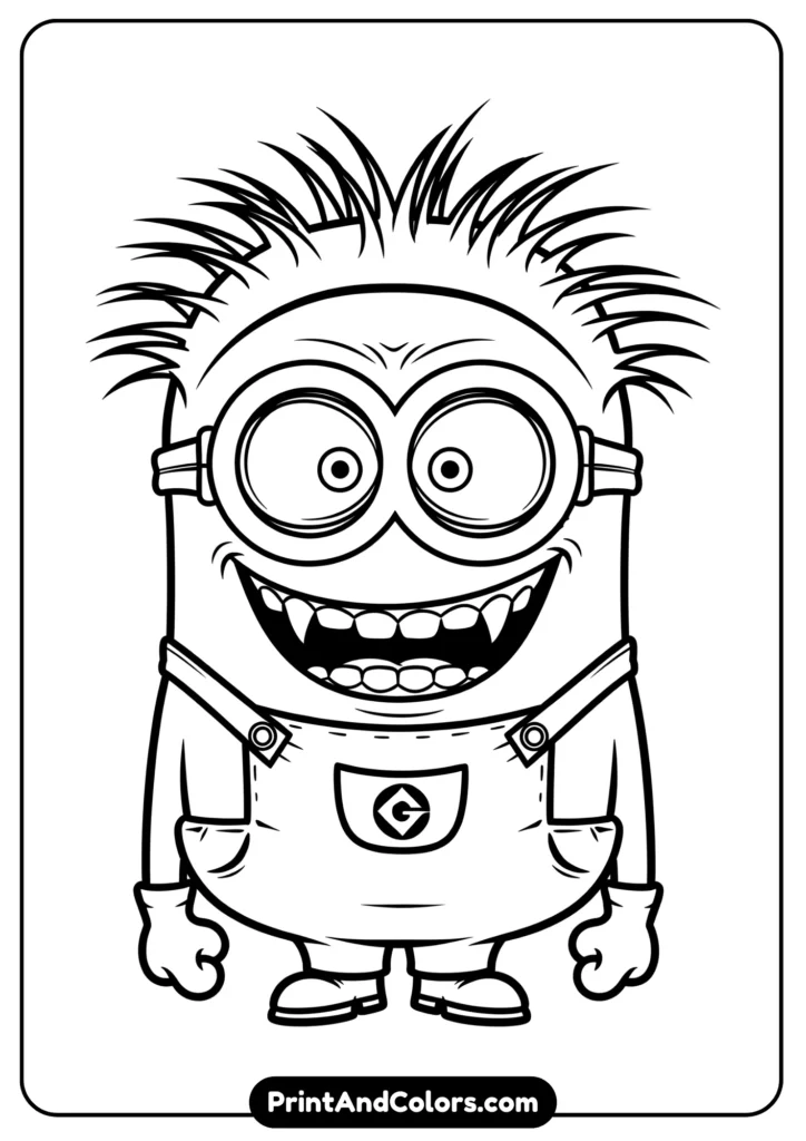 Evil purple Minion line art, spiky hair and wild expression, outlined in black and white