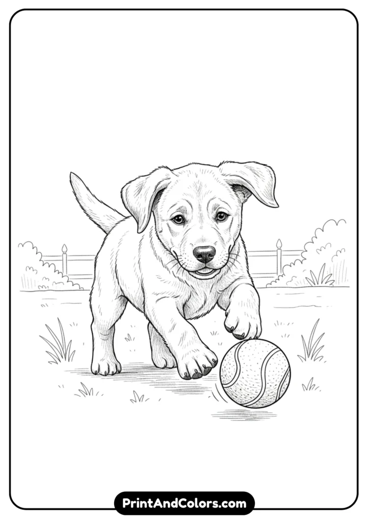 Detailed line art of a Labrador puppy chasing and playing with a ball. Realistic outlines in black and white for coloring.